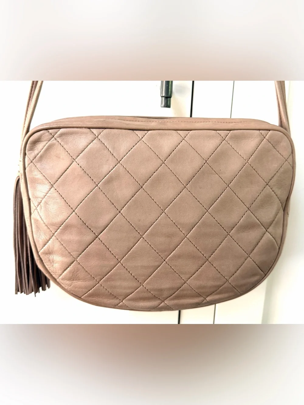 CHANEL Vintage Quilted Lambskin Camera Bag Taupe Tassel COA